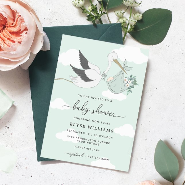 Invitation Baby shower de cigogne verte à la menth (Green Stork Baby Shower Invitation )