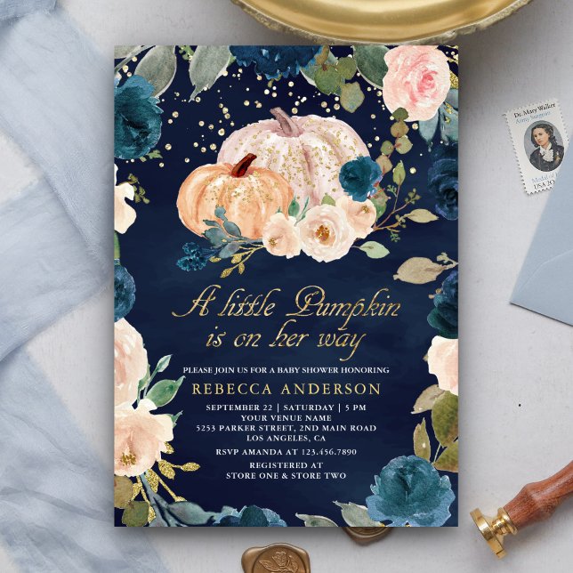 Invitation Baby shower de Citrouille floral de la marine Blue (Créateur téléchargé)