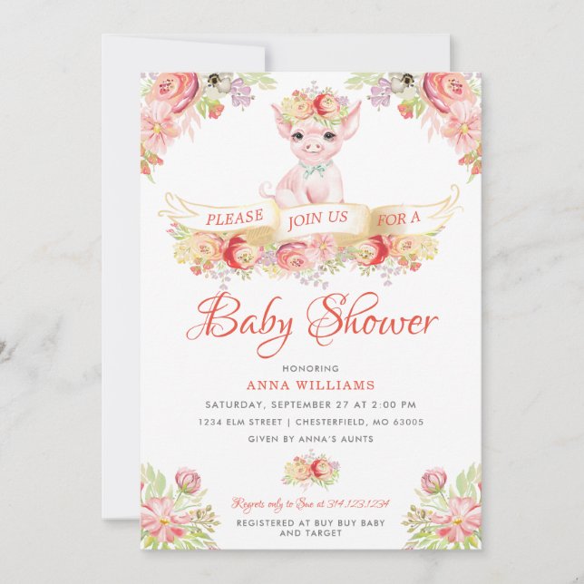 Invitation Baby shower de cochon de ferme aquarelle (Devant)
