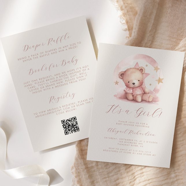 Invitation Baby shower de code QR de fille d'ours d'aquarelle (Créateur téléchargé)