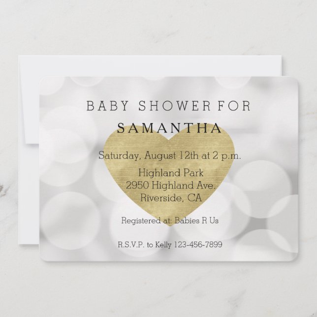 Invitation baby shower de coeur d'or de White Bokeh (Devant)