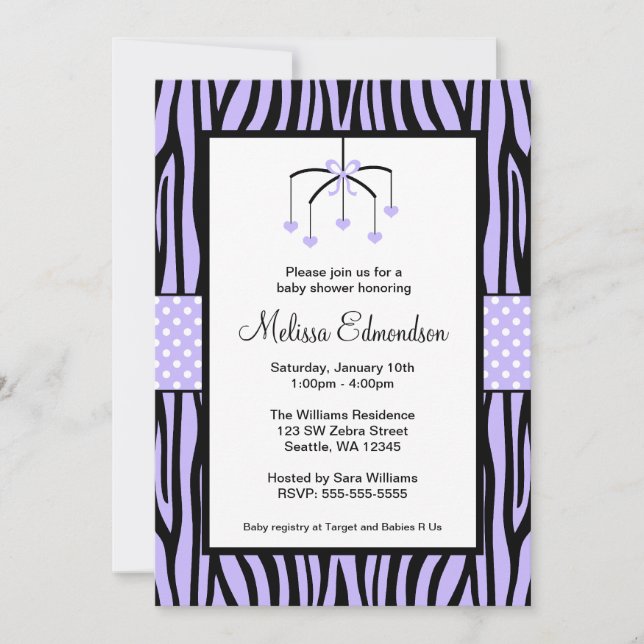Invitation Baby shower de coeur mobile Purple Zebra (Devant)