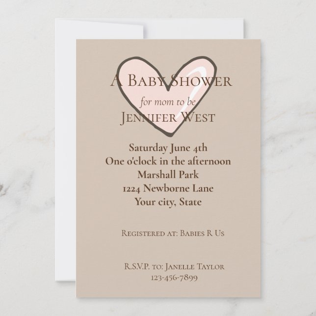 Invitation Baby shower de coeur rose crème (Dos)