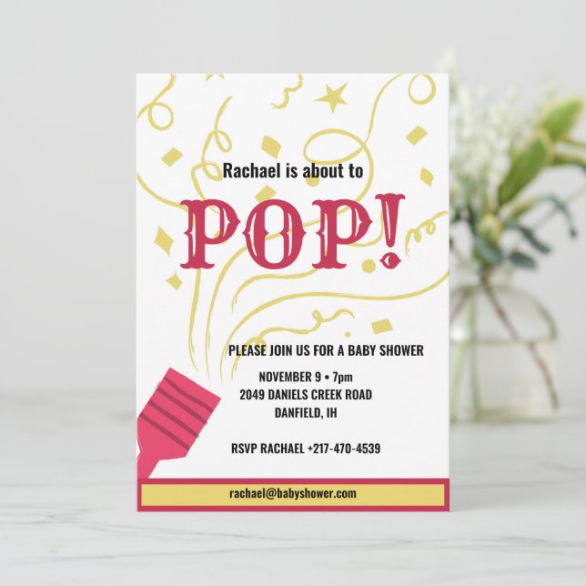 Invitation Baby shower de confetti rose et jaune (Debout devant)