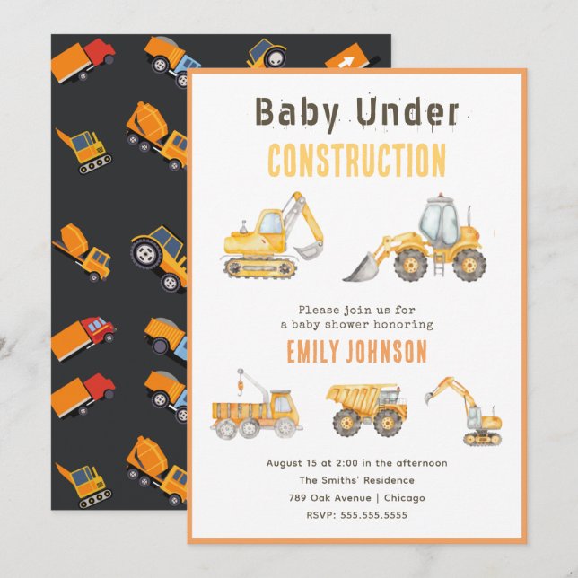 Invitation Baby shower de construction (Devant / Derrière)