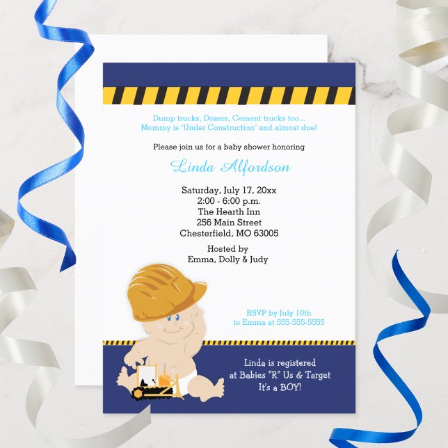 Invitation Baby shower de construction Bulldozer mou (Construction Baby Shower Invitation)