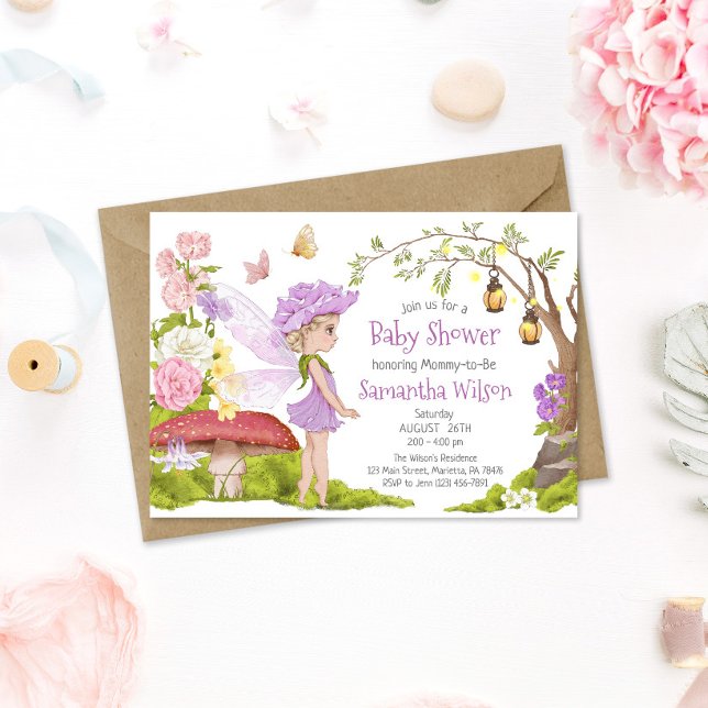 Invitation Baby shower de contes de fées florales pourpres (Créateur téléchargé)