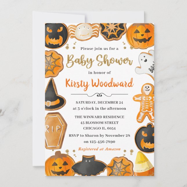 Invitation Baby shower de cookies Halloween à l'aquarelle (Devant)