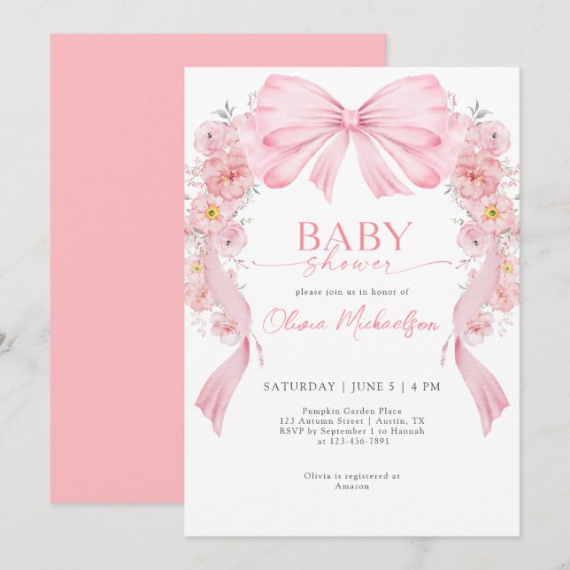 Invitation Baby shower de coquette pour fille rose ruban (Devant / Derrière)