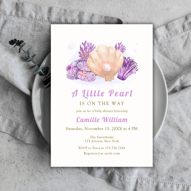 Invitation Baby shower de coquillages de Little Pearl Ocean (Purple Little Pearl Ocean Seashell Baby Shower Invitation)
