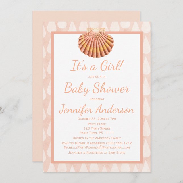 Invitation Baby shower de corail de coquillage (Devant / Derrière)