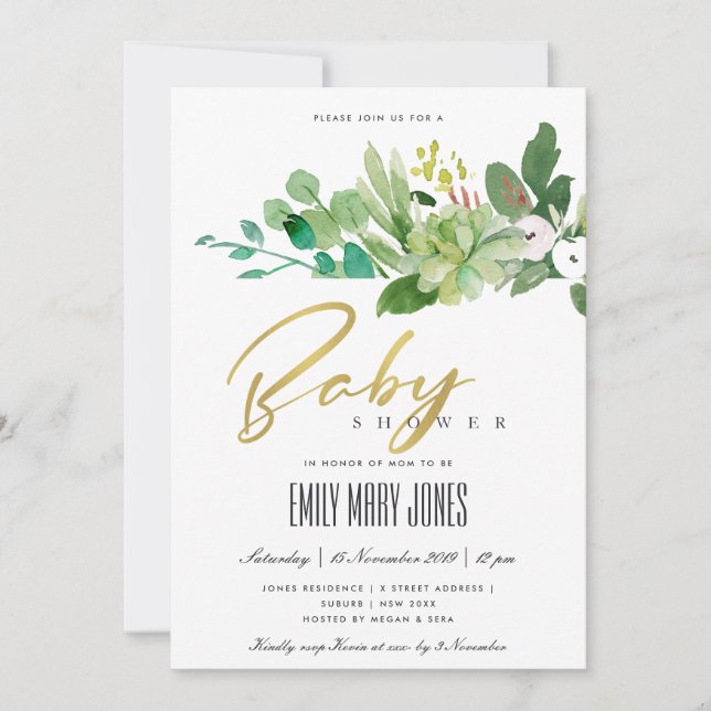 INVITATION BABY SHOWER DE COULEUR D'EAU DE FOLIAGE SUCCULENT  (Devant)