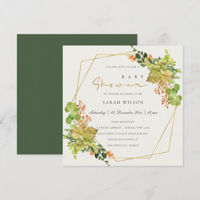 INVITATION BABY SHOWER DE COULEUR D'EAU FLORALE SUCCULTE CACT (Devant / Derrière)