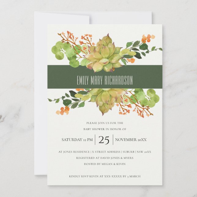 INVITATION BABY SHOWER DE COULEUR D'EAU FLORALE SUCCULTE CACT (Devant)