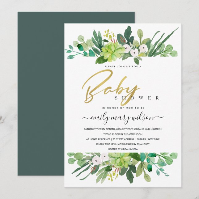 INVITATION BABY SHOWER DE COULEUR D'EAU SUCCULENTE DE RÉSERVE (Devant / Derrière)