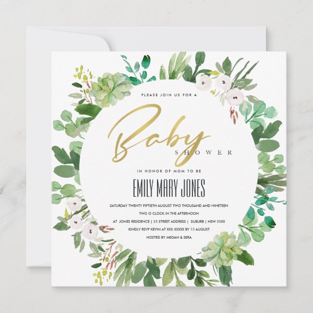 INVITATION BABY SHOWER DE COULEUR D'EAU SUCCULENTE DES ÉCHAPP (Devant)