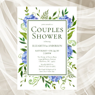 Invitation Baby-Shower de Couple Fleurs d'Hydrangeas Bleus Aq