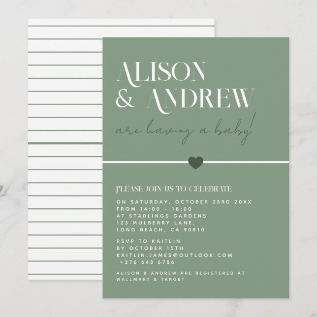 Invitation Baby shower de couple géométrique moderne Sage Gre (Devant / Derrière)