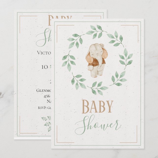 Invitation Baby shower de couronne d'aquarelle éléphante (Devant / Derrière)
