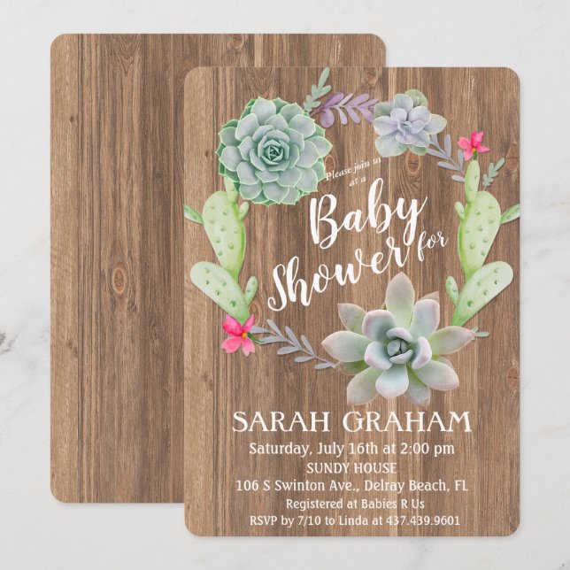 Invitation Baby shower de couronne de Cactus Succu (Devant / Derrière)