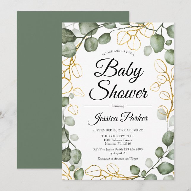 Invitation Baby shower de couronne de feuillage Eucalyptus (Devant / Derrière)