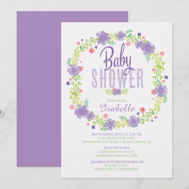 Invitation Baby shower de couronne de fleurs violet rose mode (Devant / Derrière)