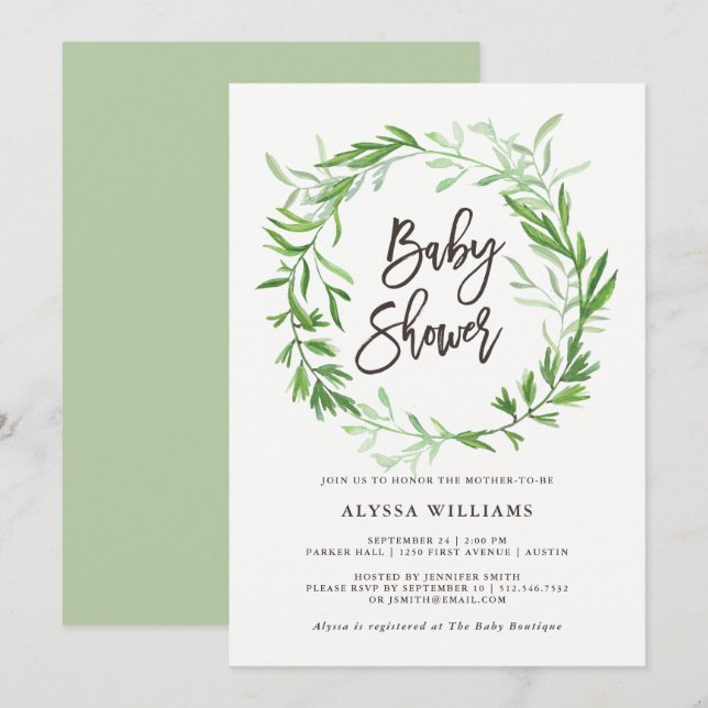 Invitation Baby shower de couronne Feuille verte (Devant / Derrière)