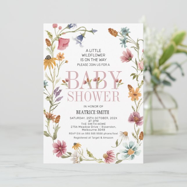 Invitation Baby shower de couronne Fleur sauvage multicolore (Debout devant)