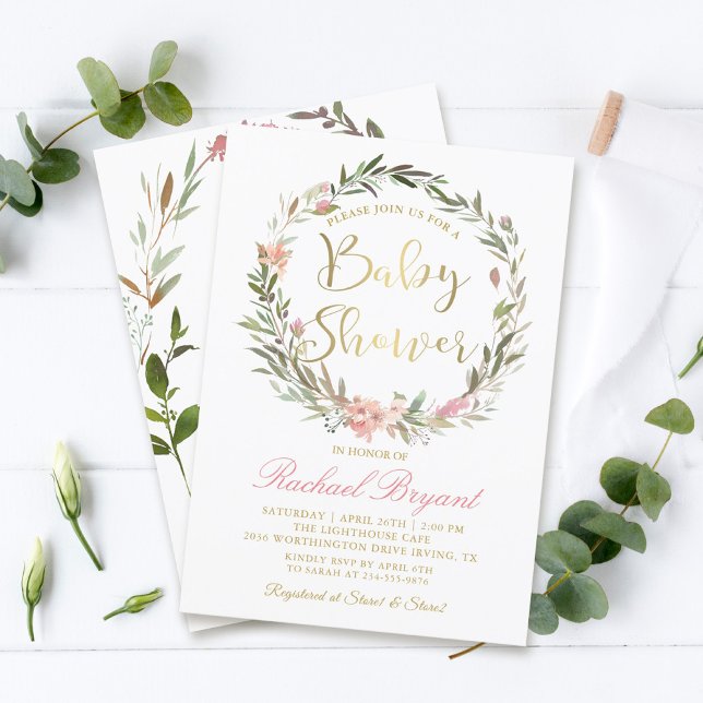 Invitation Baby shower de couronne fleurie Gold Script (Créateur téléchargé)
