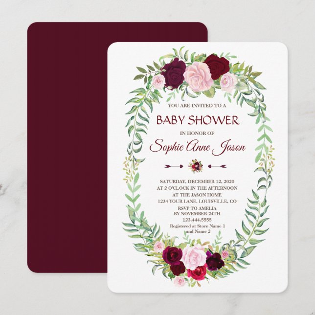 Invitation Baby shower de couronnes florales de Marsala rusti (Devant / Derrière)
