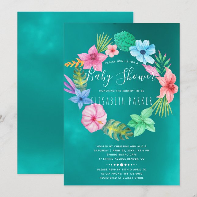 Invitation Baby shower de couronnes turquoises tropicales haw (Devant / Derrière)