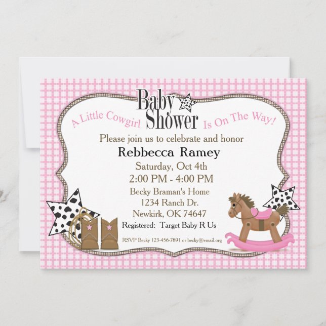 Invitation Baby shower de cow-girl dans des plaids roses (Devant)