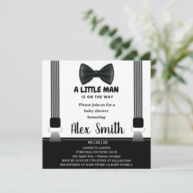 Invitation Baby shower de Cravate de petit garçon noir gris (Debout devant)