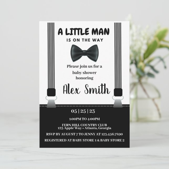 Invitation Baby shower de Cravate de petit garçon noir gris (Debout devant)
