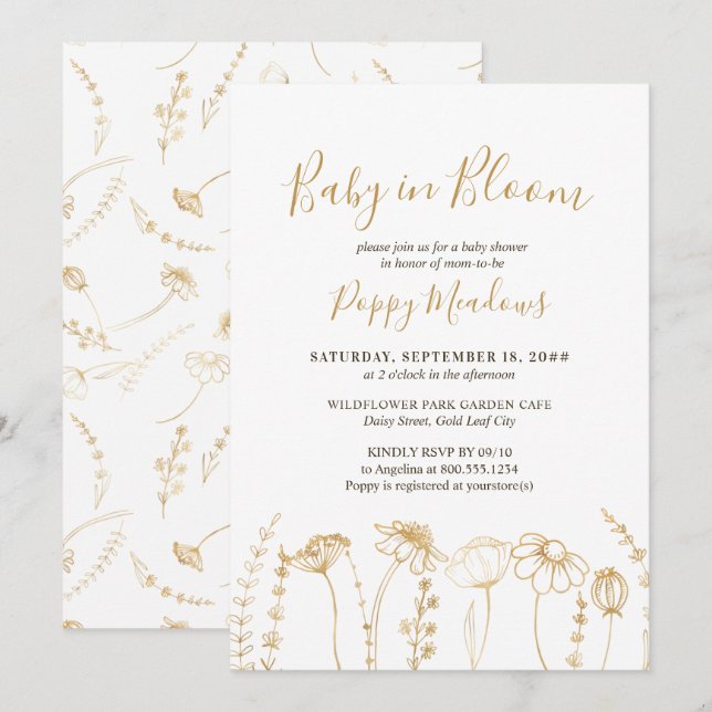 Invitation Baby shower de croquis Fleur sauvage en or en fleu (Devant / Derrière)