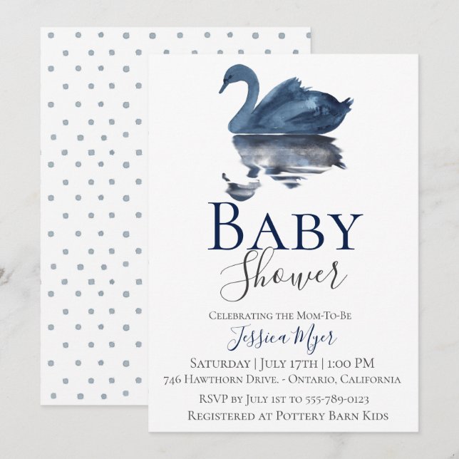 Invitation Baby shower de cygne bleu marine (Devant / Derrière)