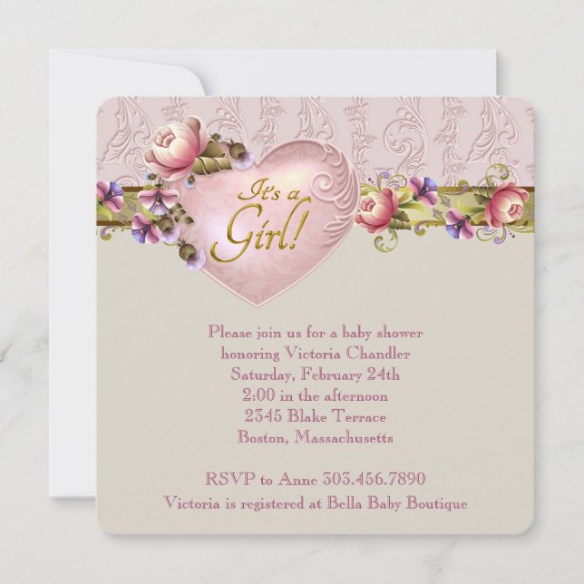 Invitation Baby shower de Damas rose ivoire (Devant)
