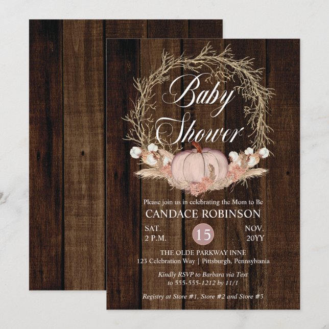 Invitation Baby shower de  de couronne de Pampas Citrouille r (Devant / Derrière)