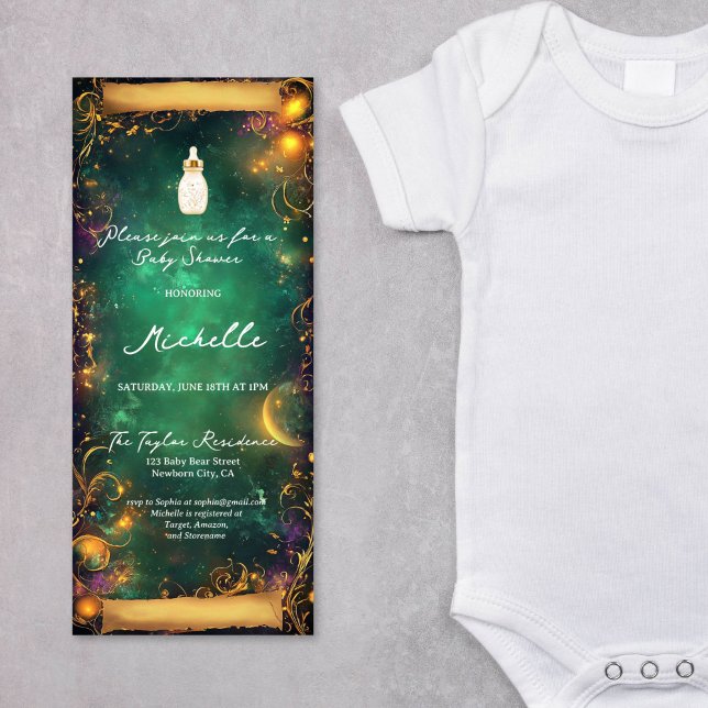 Invitation Baby shower de défilement de forêt enchantée en gr (emerald green and gold enchanted woods scroll baby shower invitation)