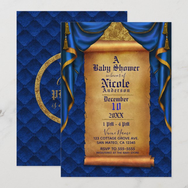 Invitation Baby shower de défilement Royal Blue & Gold Drapes (Devant / Derrière)