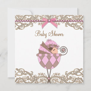 Invitation Baby shower de dentelle rose perles Brown