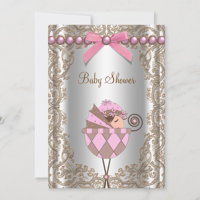 Invitation Baby shower de dentelle rose perles Brown (Devant)