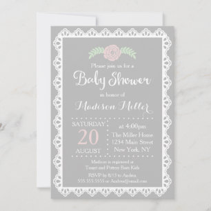 Invitation Baby shower de dentelle rose rustique et blanc