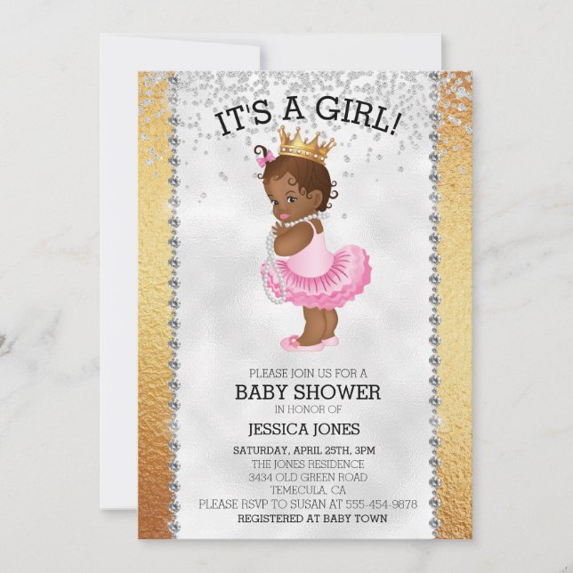 Invitation Baby shower de diamant or de la princesse africain (Devant)