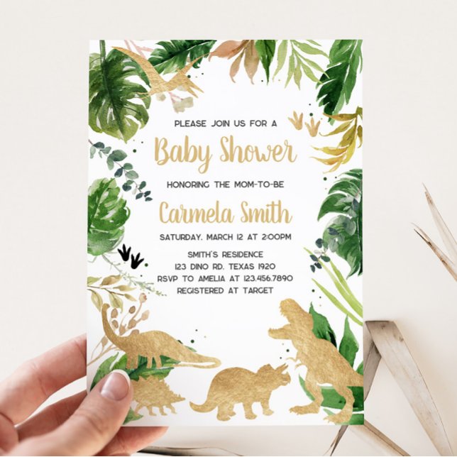 Invitation Baby shower de dinosaure d'or (Baby Boy Dinosaur Baby Shower Invitation)