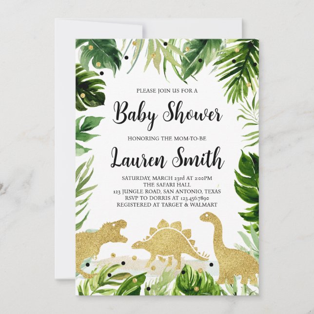 Invitation Baby shower de dinosaure or verdoyant (Devant)