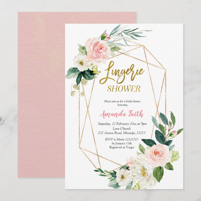 Invitation Baby shower de douche à fleurs rose pâle (Devant / Derrière)