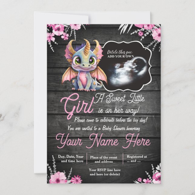 Invitation Baby shower de dragon fille Ultrasound (Devant)