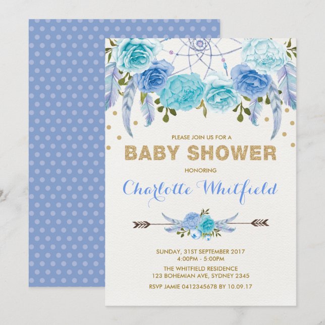 Invitation Baby shower de Dreamcatcher à fleurs de Boho d'or  (Devant / Derrière)