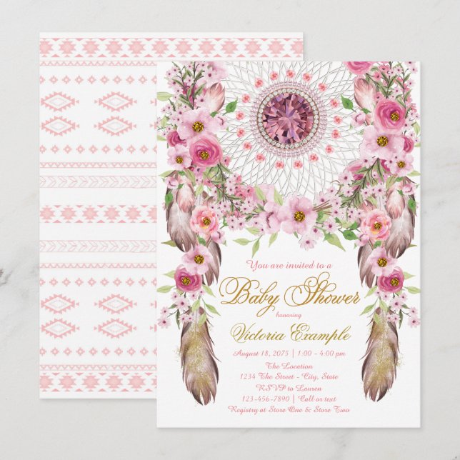 Invitation Baby shower de Dreamcatcher Tribal Girl (Devant / Derrière)